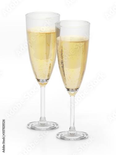 Champagne glasses isolated on white background. 3D illustration