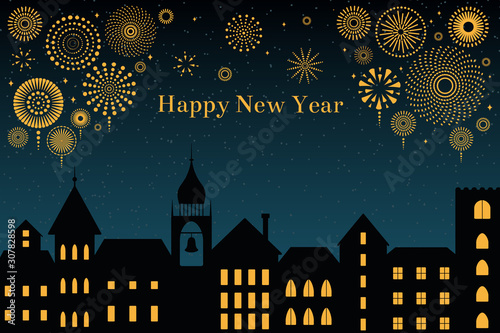 Vector illustration with golden fireworks in the night sky over the black city, text Happy New Year. Flat style design. Concept for holiday celebration, background, card, poster, banner.
