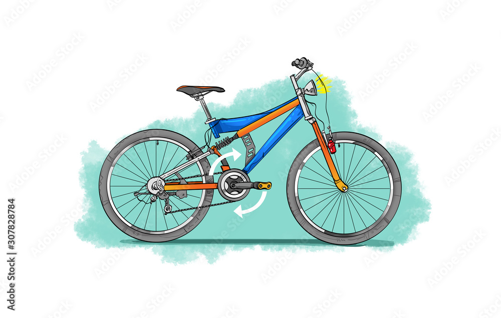 Mountain bike. The direction of rotation of the gear where the pedals are indicated by arrows.
