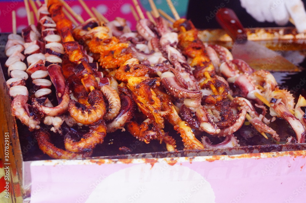 Barbecued foods include kebabs and quail eggs Barbecued foods include kebabs and quail eggs