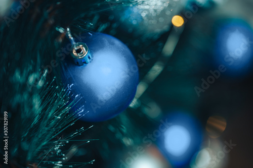 photo of blue christmas balls at spruce, Color of the year 2020