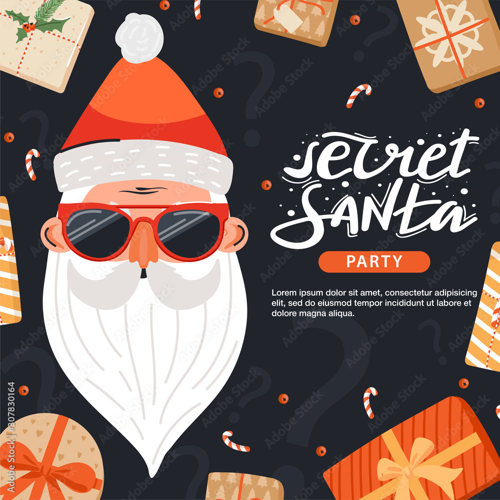 Vecteur Stock Secret Santa invitation template with lettering. Santa Claus  with sunglasses, gift and lollipop. Design concept for invitation, poster,  banner etc. Vector. | Adobe Stock