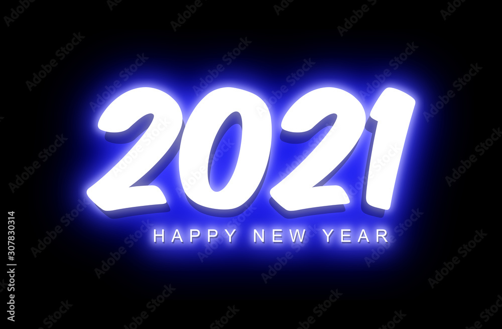 illustration of a happy new year 2021 white text on a black background with a blue light effect such as night neon lighting