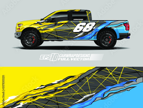 vehicle graphic livery design vector. Graphic abstract stripe racing background designs for wrap cargo van, race car, pickup truk, adventure vehicle.