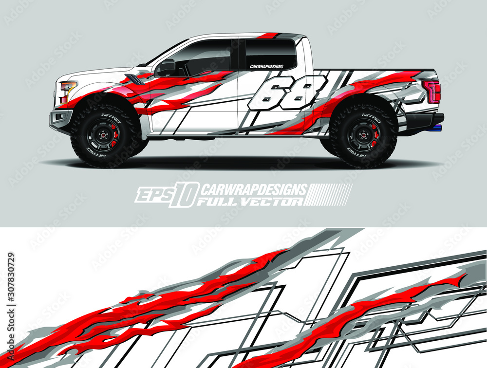 vehicle graphic livery design vector. Graphic abstract stripe racing background designs for wrap cargo van, race car, pickup truk, adventure vehicle.