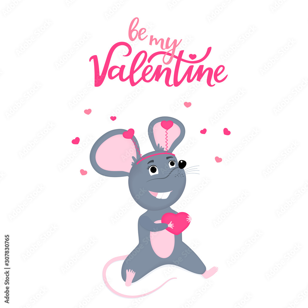 Be my Valentine hand drawn lettering with cute mouse. T-shirt print or card  design. Little gray rat sitting with a heart in its paws Stock Vector |  Adobe Stock