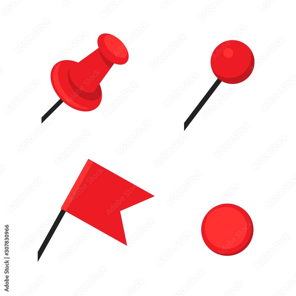 Simple flat illustration of red pushpin, pin, flag and badge Simple flat illustration of red pushpin, pin, flag and badge