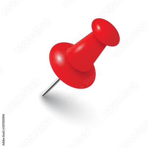 Red realistic pushpin with shadow isolated on white background. photo