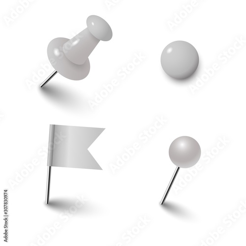 Set of realistic office accessorize. White pin, flag, tack, magnet.