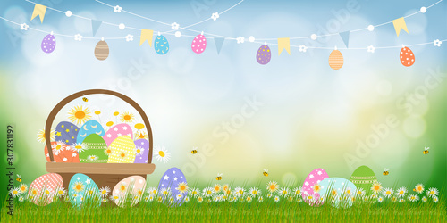 Vector Happy Easter holiday greeting card with Nature background, Easter eggs in basket and cute eggs flag hanging on a clothesline,Springtime with green grass and flowers with blurry bokeh background