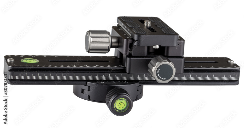 Macro rails sites that can be used to shoot panoramas and rotate the camera around a nodal point, on a white background.