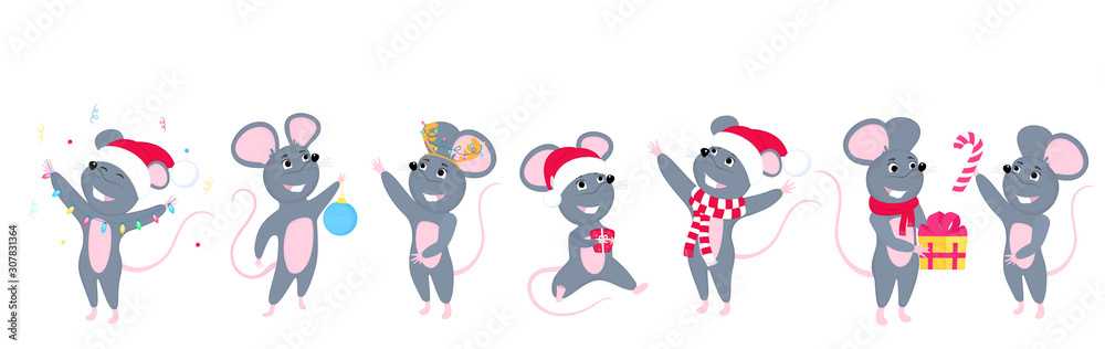 A set of mice. Little mouse. Rats celebrate New Year with a Christmas ball, in a Santa hat, in a scarf, with a gift