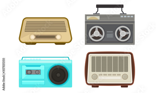 Old Analog Radio and Cassette Player Collection, Vintage Obsolete Digital Handheld Devices Vector Illustration