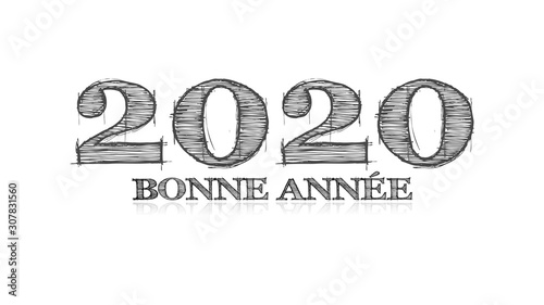 illustration of the artist sketch type wishing a happy new year 2020 with grey text on a white background