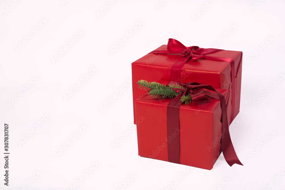 Fototapeta premium gifts in red packaging isolated white on a background. packed boxes. Place for text