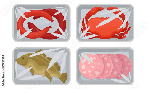 Meat and Fish Packed in Boxes Under Vacuum Food Packaging Film for Keeping Safe Vector Set