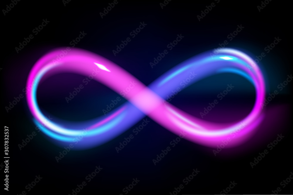 Neon light blue and violet infinity symbol on black background, glowing line of eternal sign, energy, vector illustration. Neon light blue and violet infinity symbol on black background, glowing line of eternal sign, energy, vector illustration.
