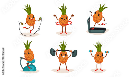 Cute and Funny Cartoon Pineapple Character Exercising on Treadmill and Lifting Dumbbell Vector Set