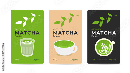 Green tea matcha powder packaging design concept. Set of vector illustrations of healthy organic beverage, сup and glass of drink matcha latte. Branches of tea plant with leaves. Mockup for pack, ad.