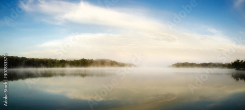 Misty morning on Uby lake, France