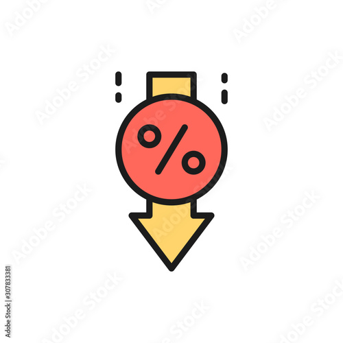 Vector loan interest rate reduction flat color line icon.