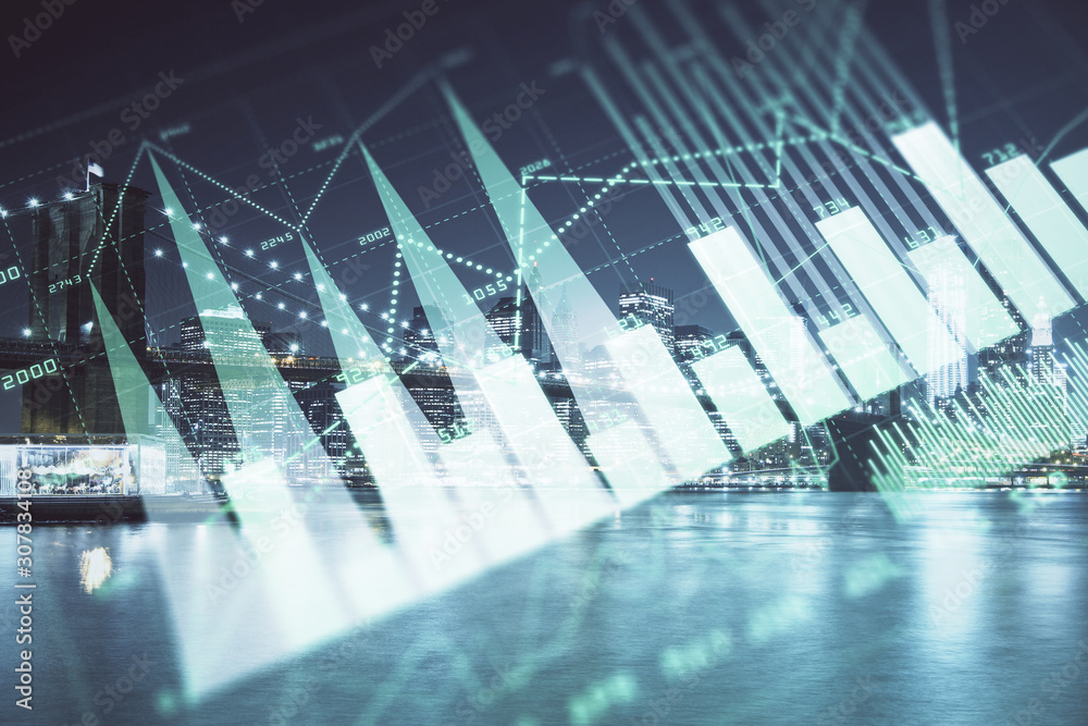 Financial chart on city scape with tall buildings background multi exposure. Analysis concept.