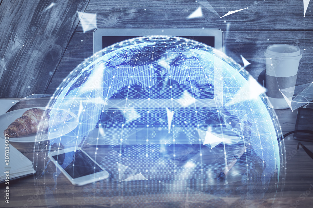 Multi exposure of business theme icons and work space with computer background. Concept of success. Multi exposure of business theme icons and work space with computer background. Concept of success.