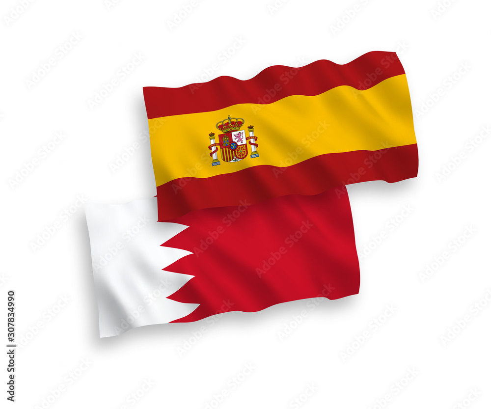 National vector fabric wave flags of Bahrain and Spain isolated on white background. 1 to 2 proportion. National vector fabric wave flags of Bahrain and Spain isolated on white background. 1 to 2 proportion.