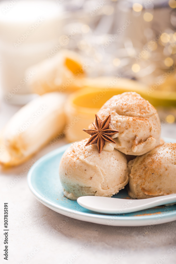 Icecream made of frozen banana. Vegan gelato. Tasty vegetarion concept Icecream made of frozen banana. Vegan gelato. Tasty vegetarion concept