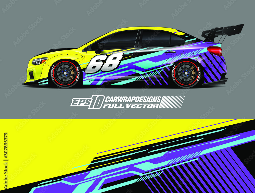 Race car graphic livery design vector. Graphic abstract stripe racing background designs for wrap cargo van, race car, pickup truck, adventure vehicle.