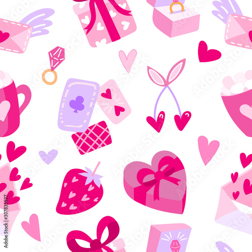 Seamless pattern with hearts and symbols of love. Vector repeating texture Valentine's Day. Background for greeting cards, packaging, design for a holiday, wedding, engagement.