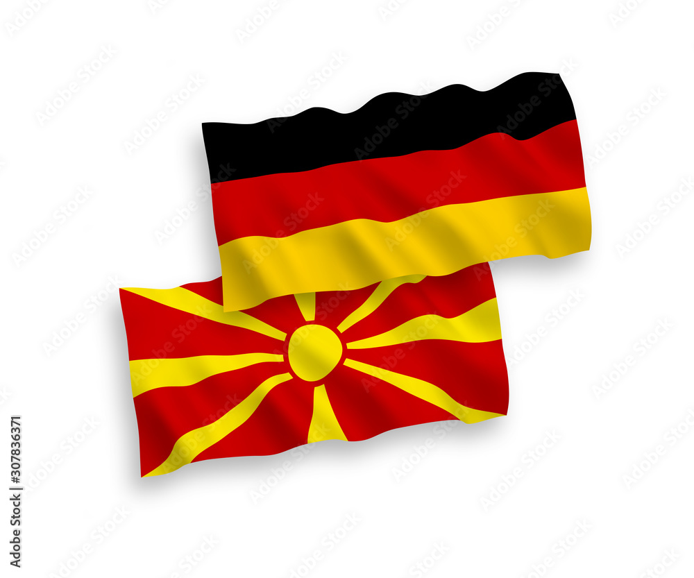 Fototapeta premium National vector fabric wave flags of Germany and North Macedonia isolated on white background. 1 to 2 proportion.