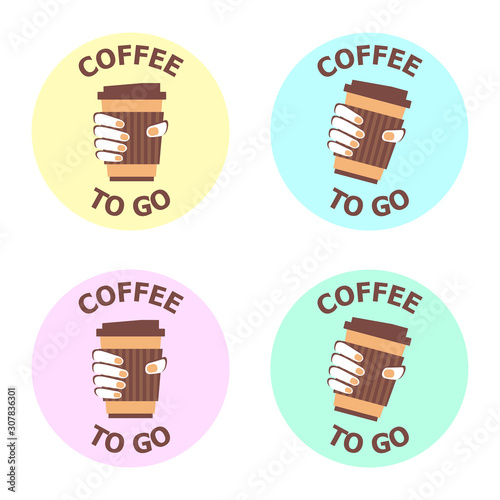Coffee to go, logotype examples. Flat icon of coffee cup in the hand. Vector illustration with text isolated on the white background. Coffee shop with take away. Business theme, branding