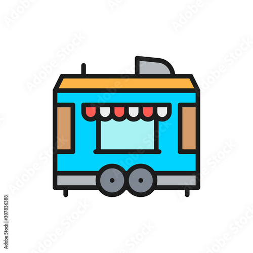 Food trailer flat color line icon. Isolated on white background