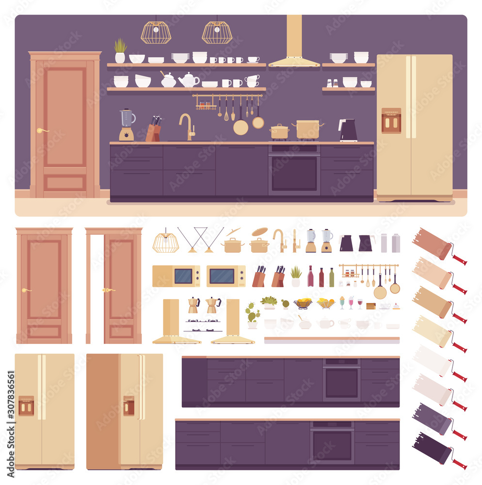 Kitchen room interior, home space creation set, hi-tech cabinet, vent hood, kit with furniture, constructor element to build your own design. Cartoon flat style infographic illustration, color palette Kitchen room interior, home space creation set, hi-tech cabinet, vent hood, kit with furniture, constructor element to build your own design. Cartoon flat style infographic illustration, color palette