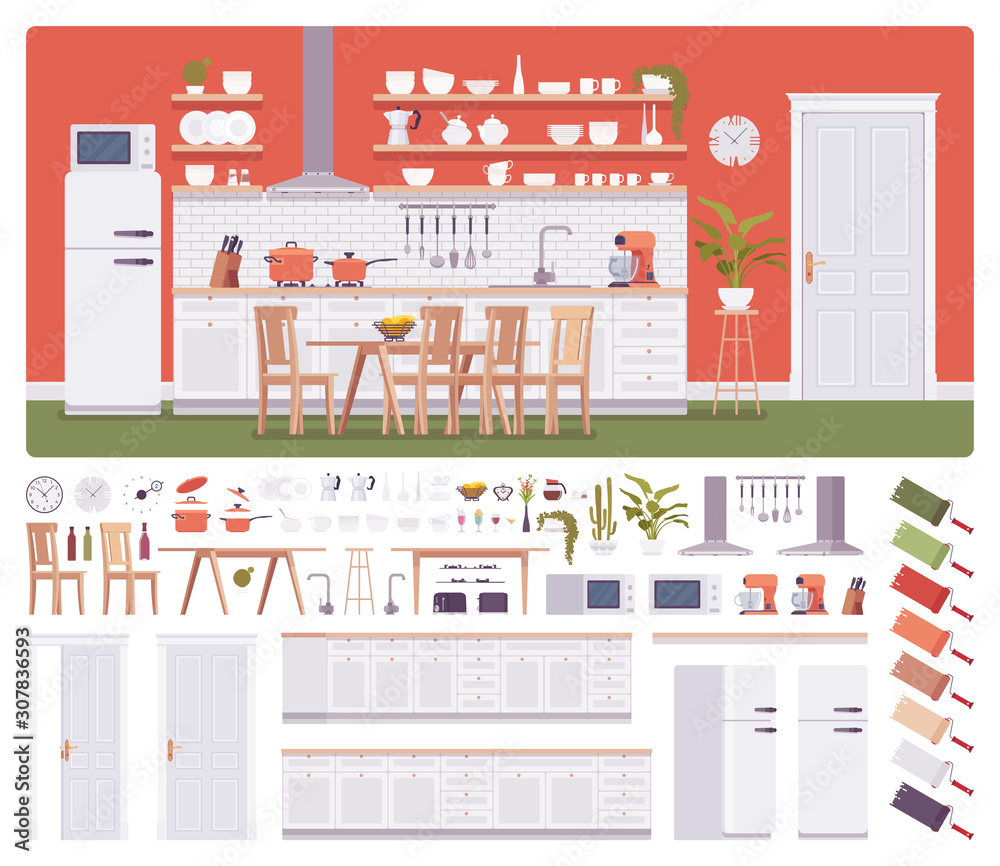 Kitchen room interior, home creation set, ultramarine cabinet, vent hood, kit with furniture, constructor elements to build your own design. Cartoon flat style infographic illustration, color palette Kitchen room interior, home creation set, ultramarine cabinet, vent hood, kit with furniture, constructor elements to build your own design. Cartoon flat style infographic illustration, color palette