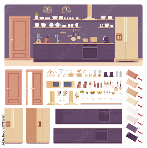 Kitchen room interior, home space creation set, hi-tech cabinet, vent hood, kit with furniture, constructor element to build your own design. Cartoon flat style infographic illustration, color palette