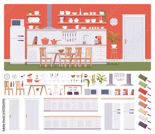 Kitchen room interior, home creation set, ultramarine cabinet, vent hood, kit with furniture, constructor elements to build your own design. Cartoon flat style infographic illustration, color palette