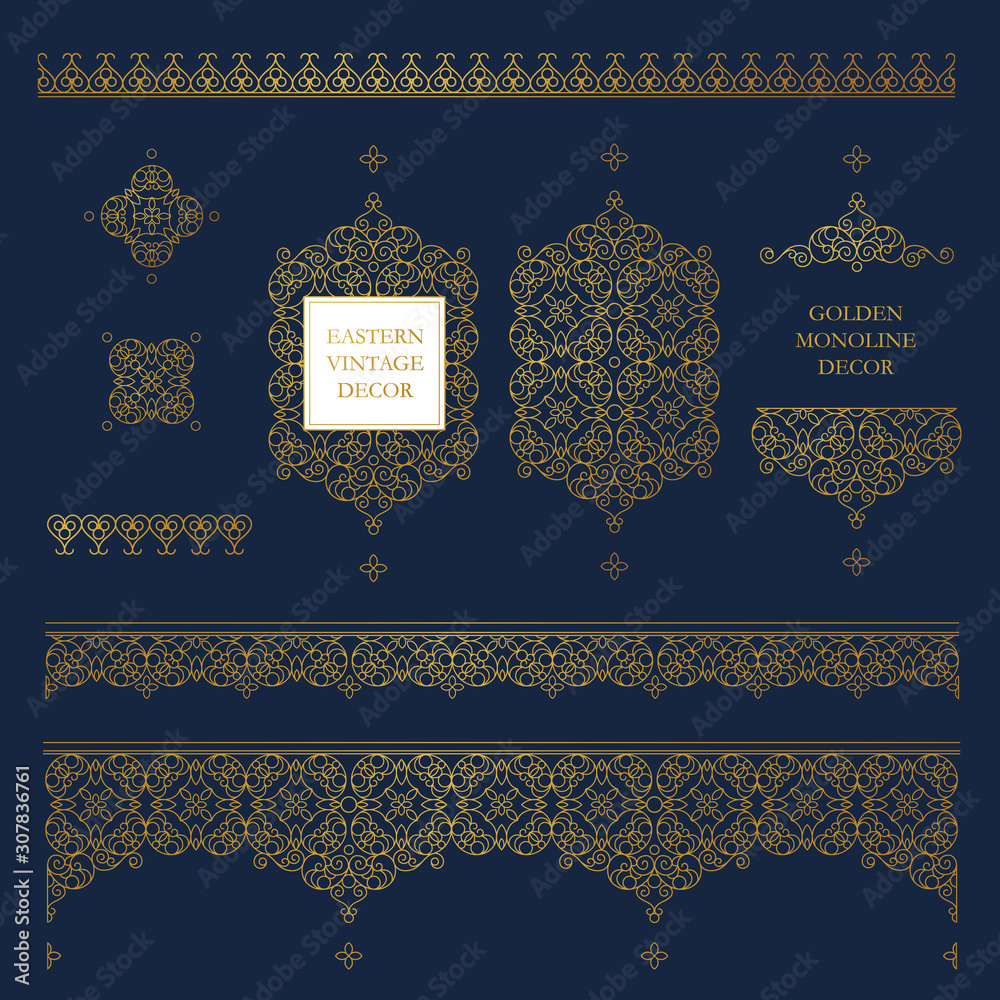 Vector set of line art frames, borders, vignette in Eastern style ...