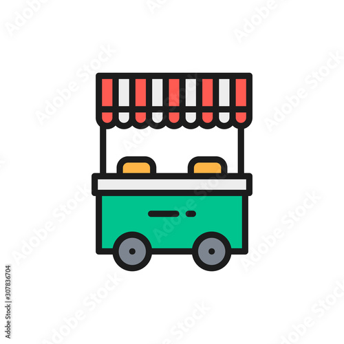Vector street market, food stall flat color line icon.