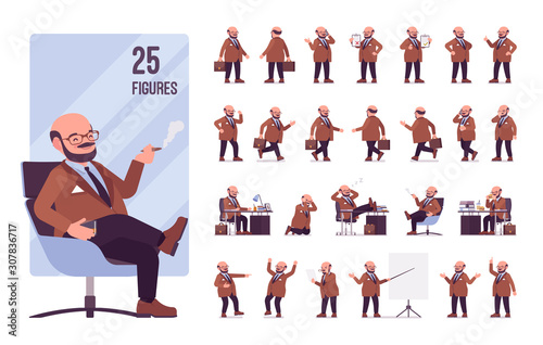 Chubby heavy man with a belly character set. Overweight and fat body shape, middle aged bold guy. Big men fashion, plus size formal wear. Full length, different views, gestures, emotions and poses