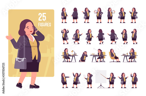 Chubby woman character set. Middle aged lady, kind civil service worker in curvy, voluptuous body type, big women fashion, plus size formal wear. Full length, different view, gestures, emotions, poses