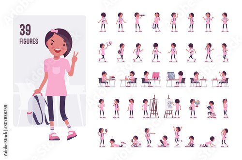 School girl in a casual wear character set. Cute pretty small girl with rucksack, active young kid, smart elementary pupil, 7 to 9 years old. Full length, different view, gestures, emotions, poses
