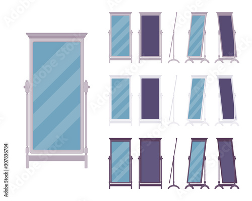 Fitting floor mirror, full-length dressing room or bedroom standing antique-look item in a classic wooden design. Full body horizontal Vector flat style cartoon illustration, different view and color