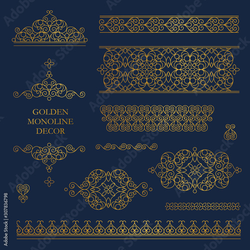 Vector set of line art frames, borders, vignette in Eastern style.