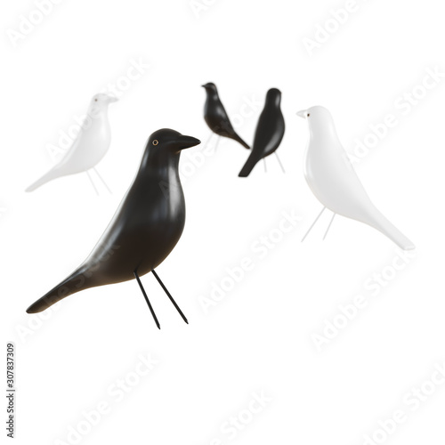 Decorative figures of birds black and white on an isolated background. 3d rendering