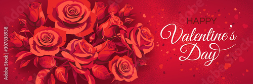 Horizontal Valentine s Day greeting card template with text. Illustration with red Roses isolated on red background.