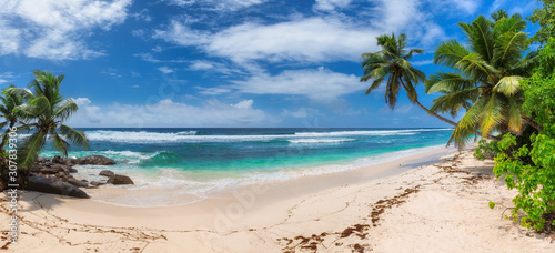 Panoramic view of exotic tropical beach  coconut palms and blue sea in Seychelles.