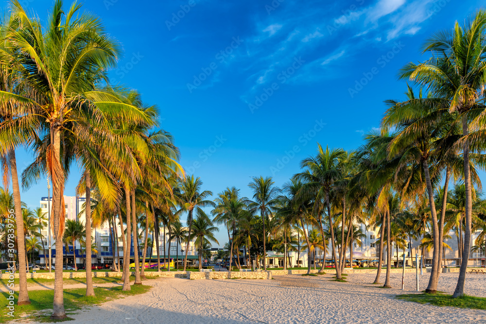Miami Beach at morning time, Florida - hotels and restaurants at sunset on Ocean Drive, world famous destination.