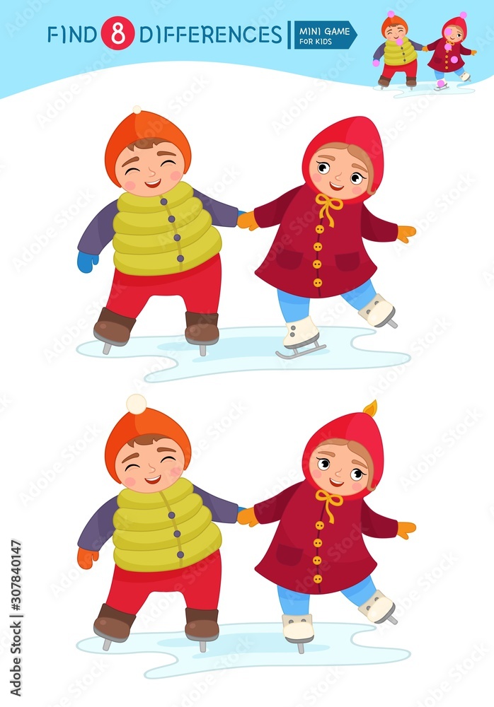Find differences.  Educational game for children. Cartoon vector illustration of cute boy and girl skate holding hands.